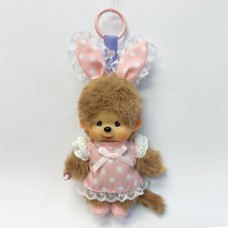Monchhichi 粉色點點連衣裙兔耳朵掛件